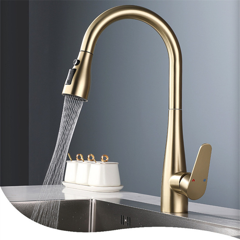 Kitchen Gadgets Mixer - ก๊อกน้ำห้องครัวแบบดึงออกได้ สีทองปัดเงา SUS304 ก๊อกผสมสำหรับอ่างล้างจาน หมุนได้ 360