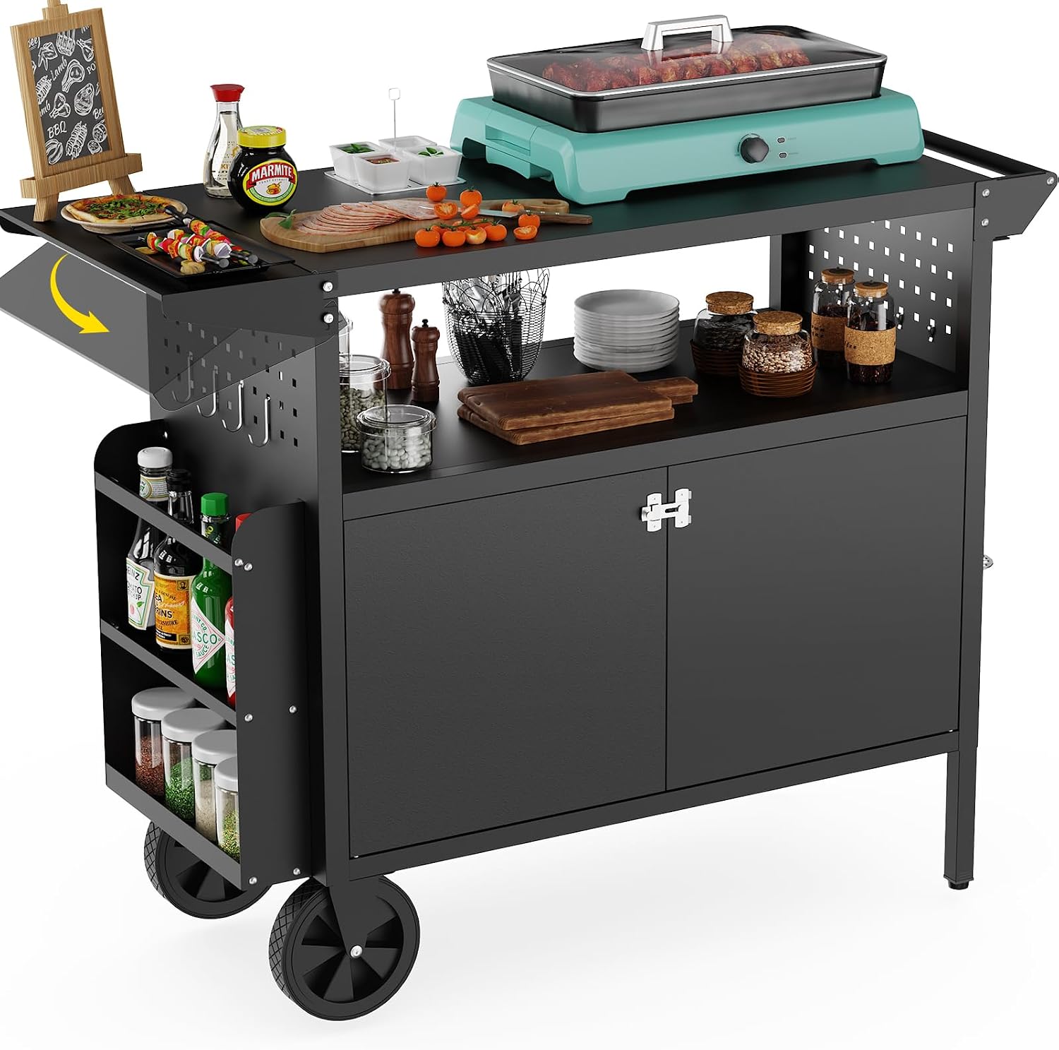 Kitchen Gadgets Organizer - รถเข็นปิ้งย่างกลางแจ้งพร้อมโต๊ะเก็บของ ชุดครัวเคลื่อนที่พร้อมล้อ โต๊ะพับได้สำหรับเตรียมอาหารบาร์บีคิว หน้าโต๊ะเหล็กแข็งแรงทนทานสำหรับลานบ้านและแคมป์ปิ้ง