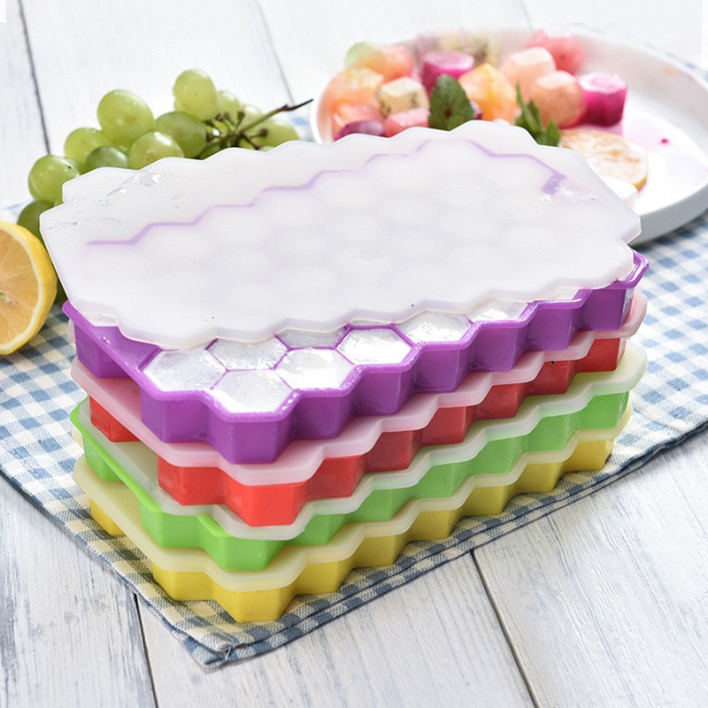 Kitchen Gadgets Baking - แม่พิมพ์น้ำแข็งทรงลูกบอลน้ำแข็งซิลิโคน37ช่องพร้อมฝาปิดกล่องเก็บน้ำแข็งง่ายต่อการถอดเครื่องมือทำครัวปาร์ตี้ในบ้านบาร์