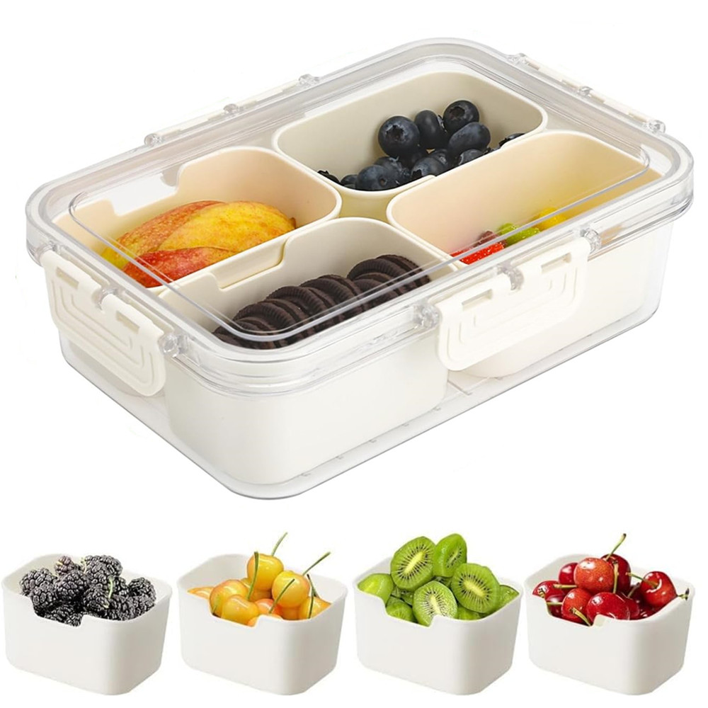 Kitchen Gadgets Organizer - กล่องเก็บอาหารแบบพกพา, กล่องเก็บขนม, 4 ช่องพร้อมฝาปิด, ถาดแยกสำหรับเสิร์ฟ, กล่องขนมสำหรับครัว,