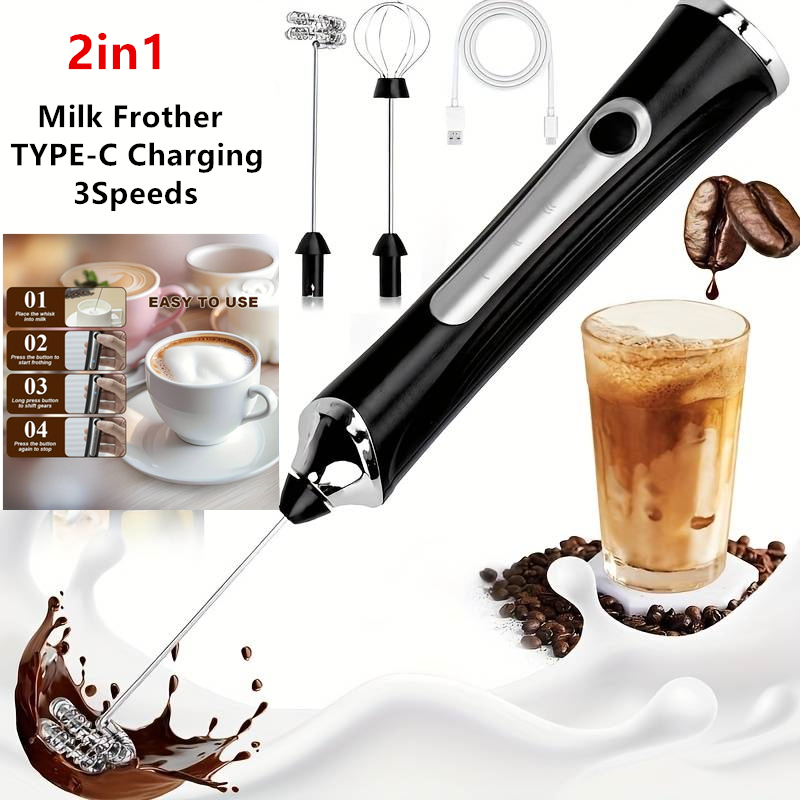 Kitchen Gadgets And Appliances - เครื่องตีฟองนมไฟฟ้าไร้สายและเครื่องตีไข่พร้อม Type-C 3 ระดับความเร็ว เครื่องตีฟองนมแบบมือถือขนาดเล็ก เครื่องทำฟองนม