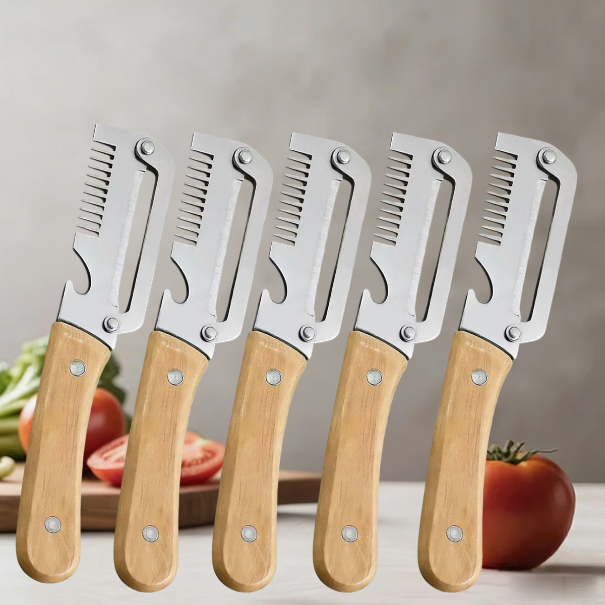 Apple Corer Slicer - ที่ปอกผลไม้ผักมันฝรั่งแอปเปิ้ลแครอท 6 ชิ้น ด้ามไม้ สแตนเลส พร้อมที่หั่น