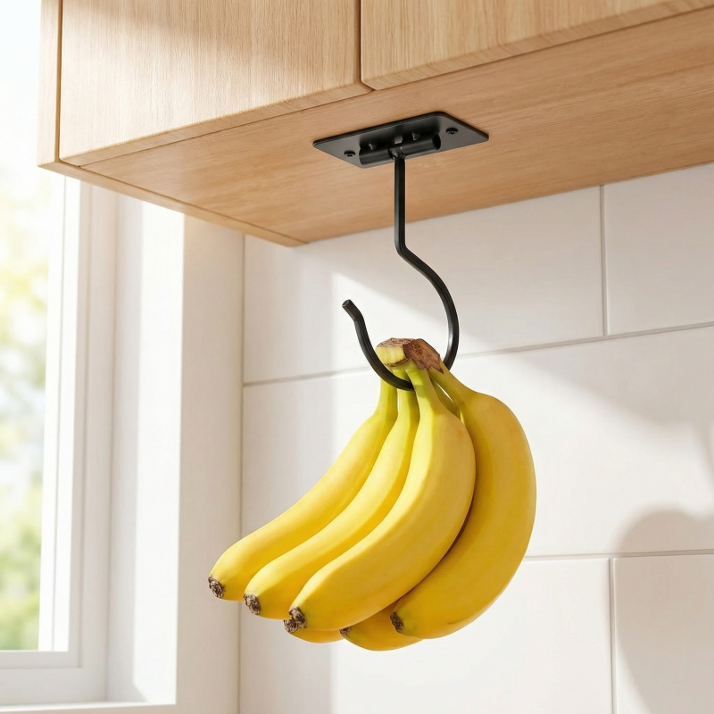 Kitchen Gadgets Organizer - ตะขอแขวนกล้วยแบบติดผนังโลหะสีดำ พับเก็บได้ ช่วยประหยัดพื้นที่ ใช้จัดระเบียบอาหารในตู้ครัว 1-2 ชิ้น